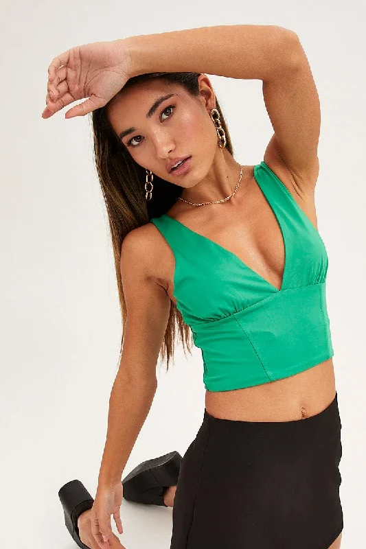 Green Corset Detail Top Sleeveless Crop Slinky Jersey