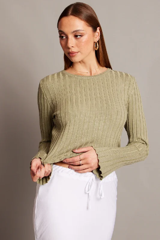 Green Crop Jumper Boat Neck Long Sleeve