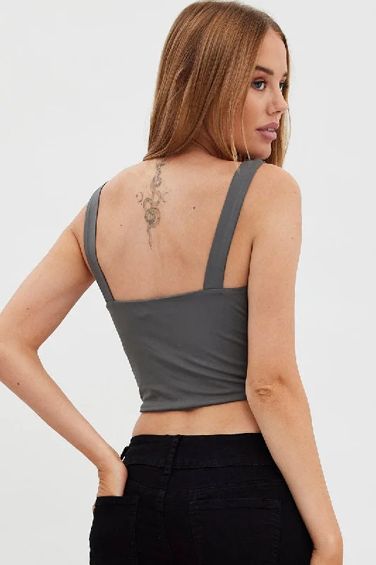 Grey Corset Detail Top Sleeveless Crop Slinky Jersey