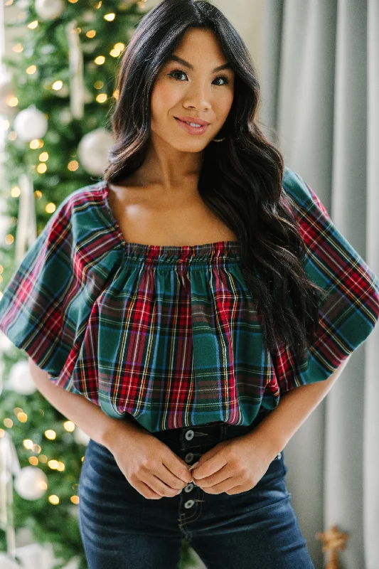 In Your Heart Emerald Green Tartan Plaid Blouse