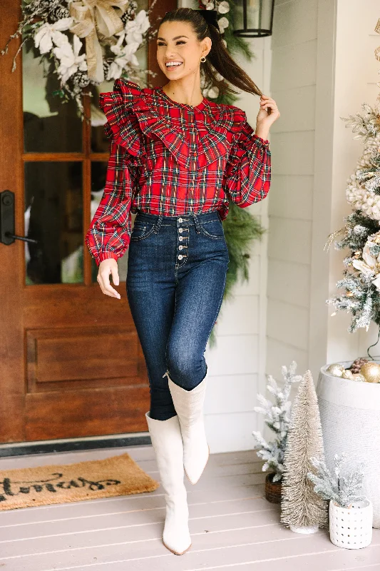 It's All Possible Red Tartan Plaid Button Down Blouse