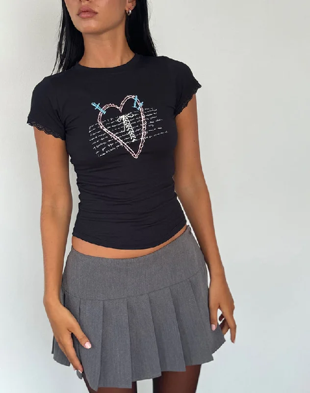 Izzy Lace Trim Tee in Black Lace Up Heart Motif