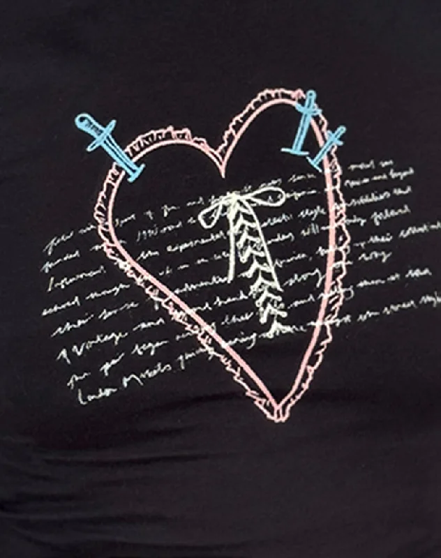 Izzy Lace Trim Tee in Black Lace Up Heart Motif