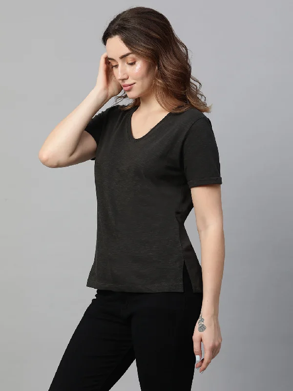 Women's Grey Cotton Regular Fit Tshirt