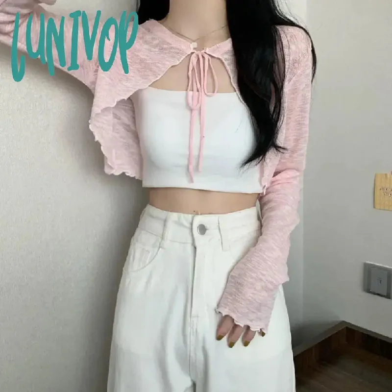 Lunivop Summer Women Thin Sunscreen Cardigan Lace-up Knitwear Tops Female Korean Style Lantern Sleeve Short Coat Casual Sun Protected