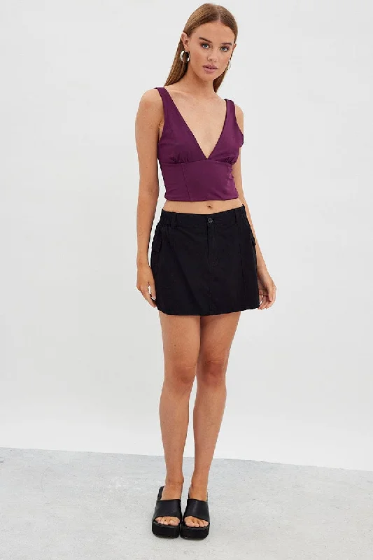 Purple Corset Detail Top Sleeveless Crop Slinky Jersey