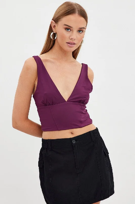 Purple Corset Detail Top Sleeveless Crop Slinky Jersey