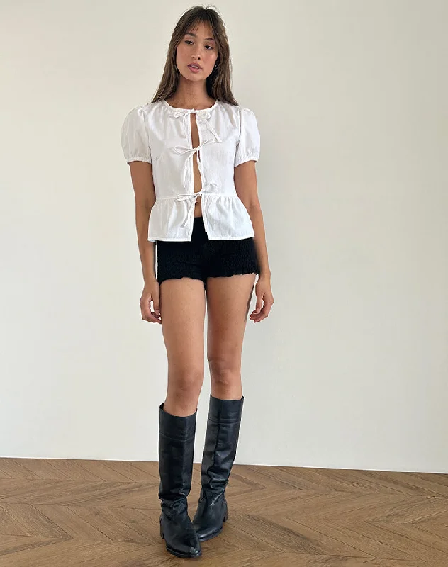 Ryota Tie Front Blouse in White with White Binding