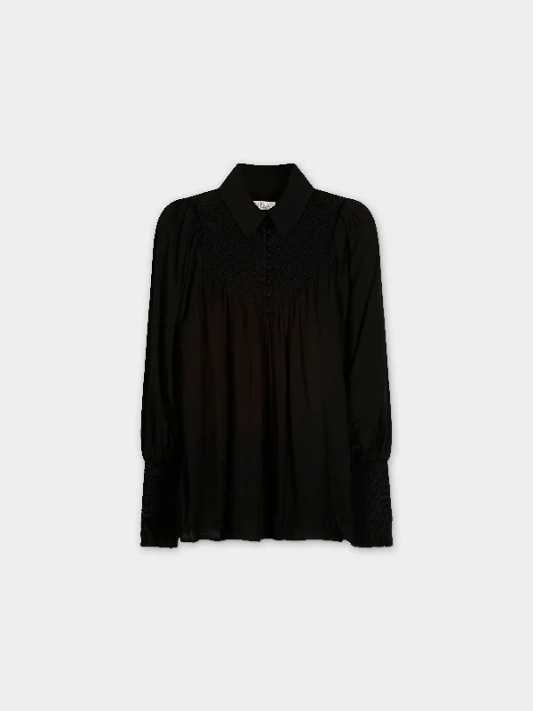 SMOCKED BLOUSE-BLACK