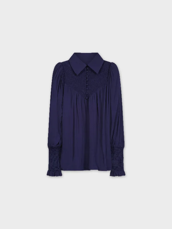 SMOCKED BLOUSE-NAVY