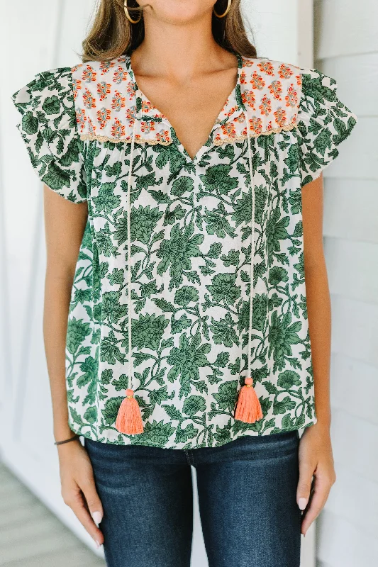 THML: Turn To Fun Green Floral Blouse