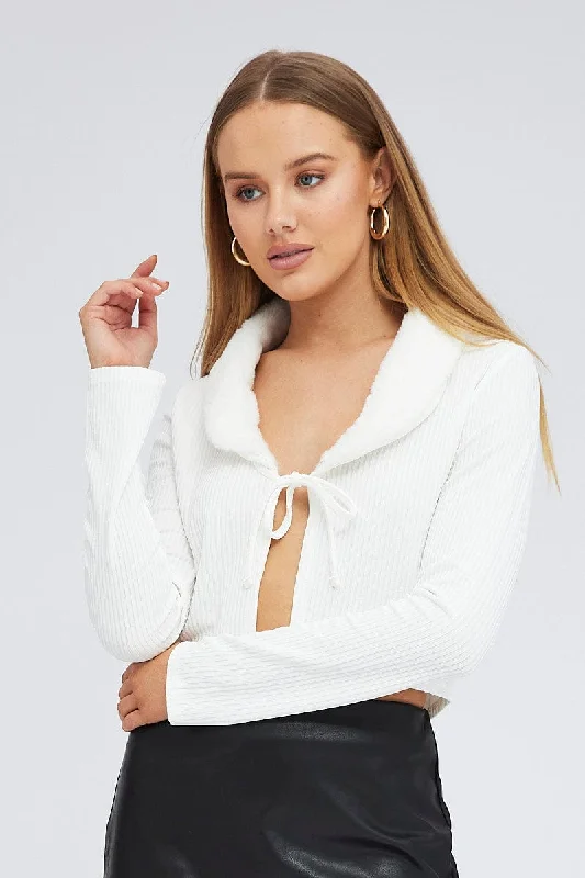 White Cardigan Crop Long Sleeve Faux Fur V Neck