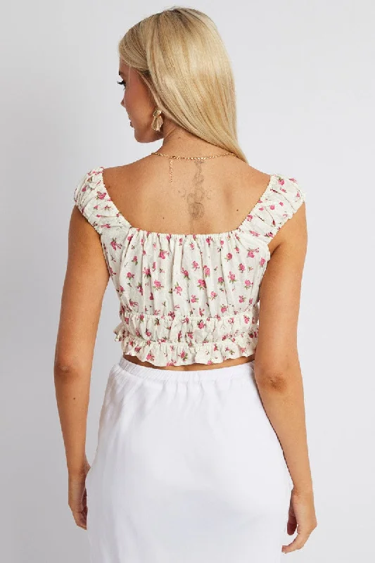 White Ditsy Crop Top Short Sleeve