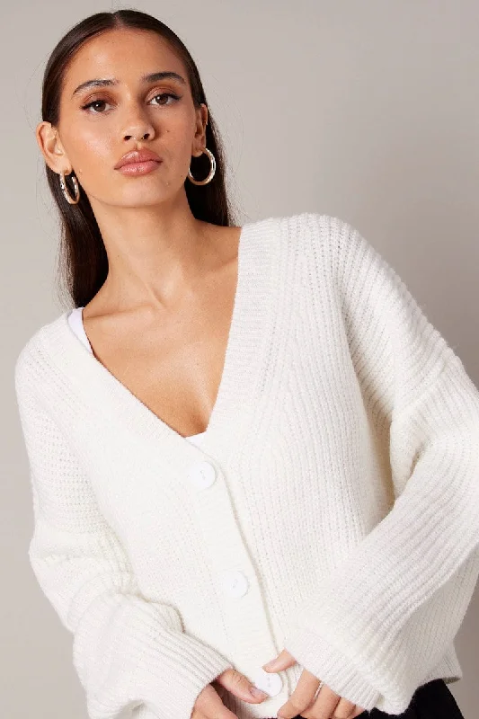 White Knit Cardigan Long Sleeve V Neck Button Up