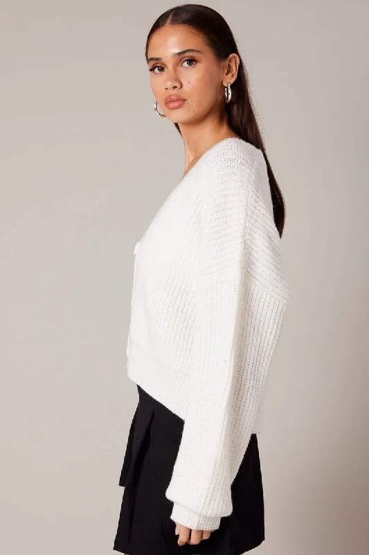 White Knit Cardigan Long Sleeve V Neck Button Up