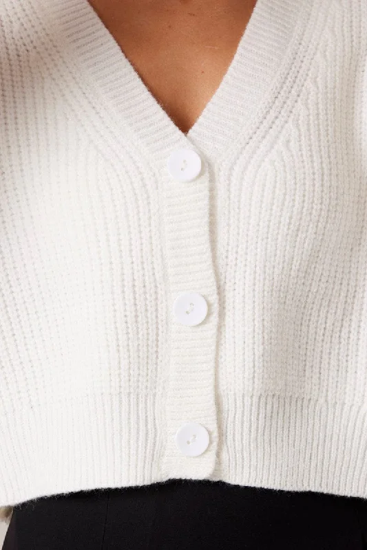 White Knit Cardigan Long Sleeve V Neck Button Up