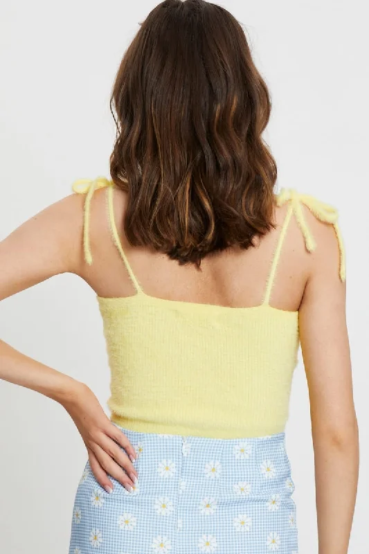 Yellow Fluffy Tie Shoulder Knit