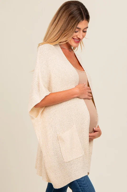 Beige Drop Shoulder Side Pocket 3/4 Sleeve Maternity Cardigan