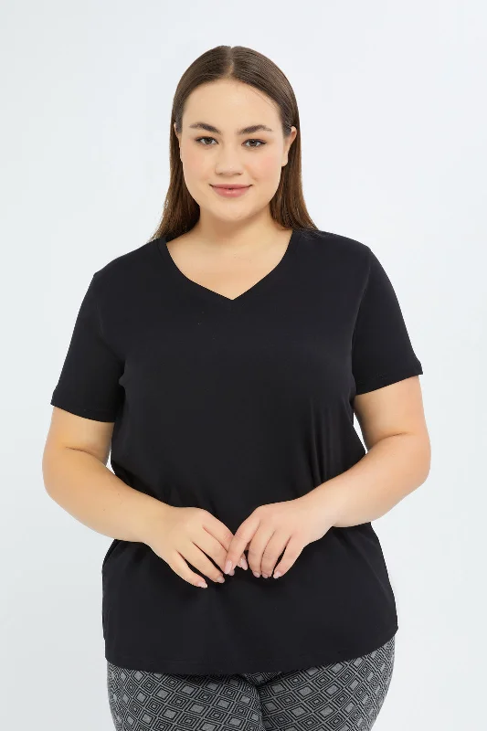 Women Black Plain V-Neck T-Shirt