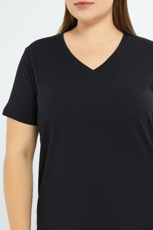 Women Black Plain V-Neck T-Shirt