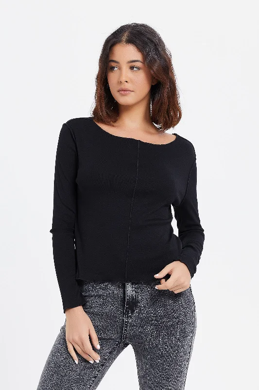 Women Black Exposed Seam Long Sleeves T-Shirt