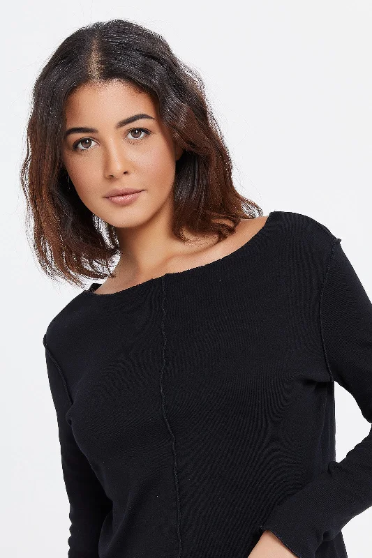 Women Black Exposed Seam Long Sleeves T-Shirt