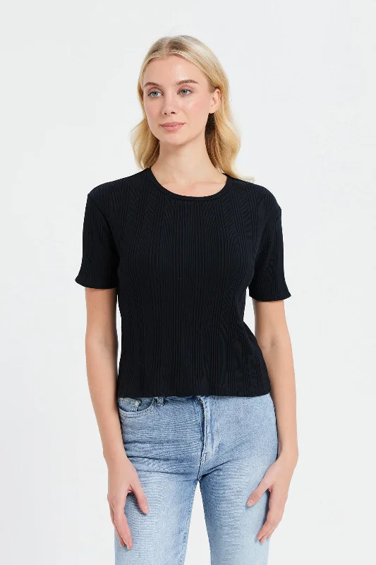 Women Black Ribbed T-Shirt