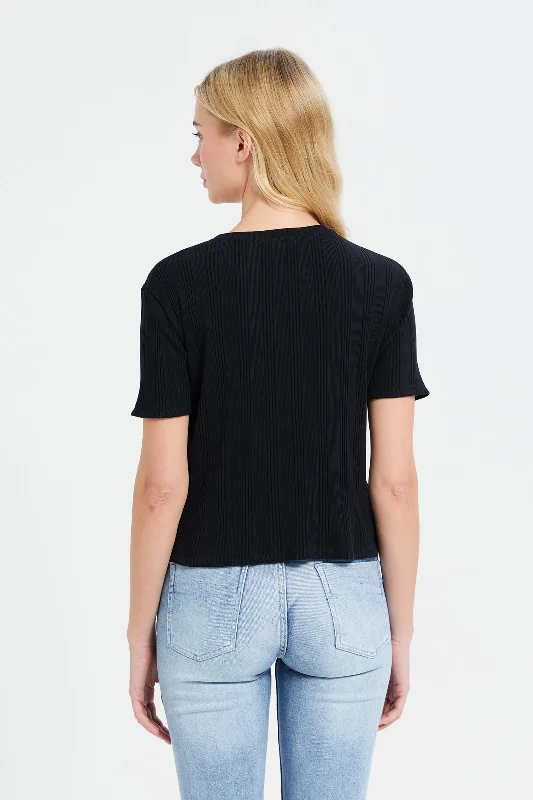 Women Black Ribbed T-Shirt