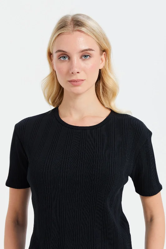 Women Black Ribbed T-Shirt