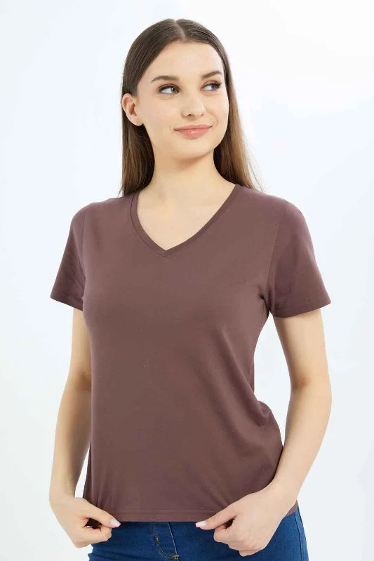 Women Brown Plain V-Neck T-Shirt