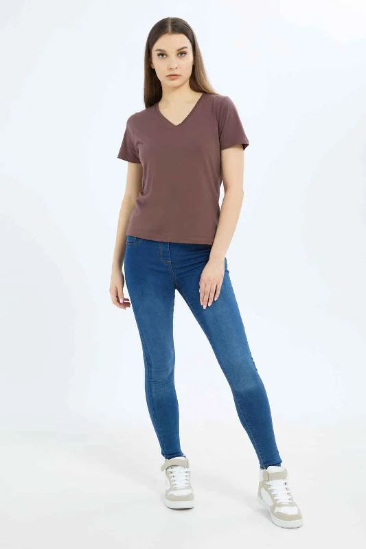 Women Brown Plain V-Neck T-Shirt