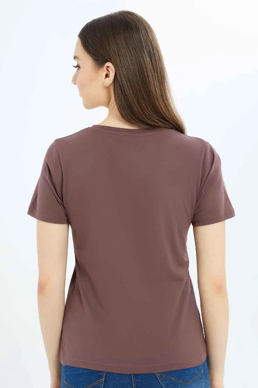 Women Brown Plain V-Neck T-Shirt