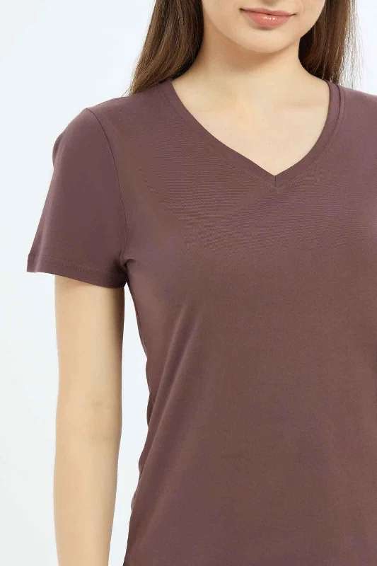 Women Brown Plain V-Neck T-Shirt