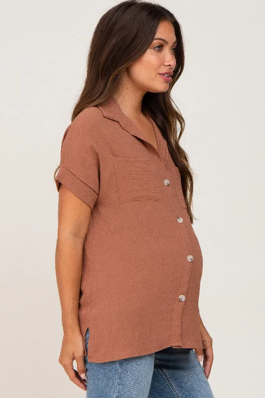 Camel Collared Button-Down Short Sleeve Maternity Blouse