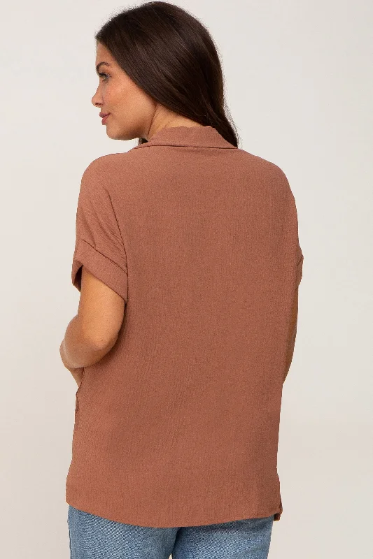 Camel Collared Button-Down Short Sleeve Maternity Blouse