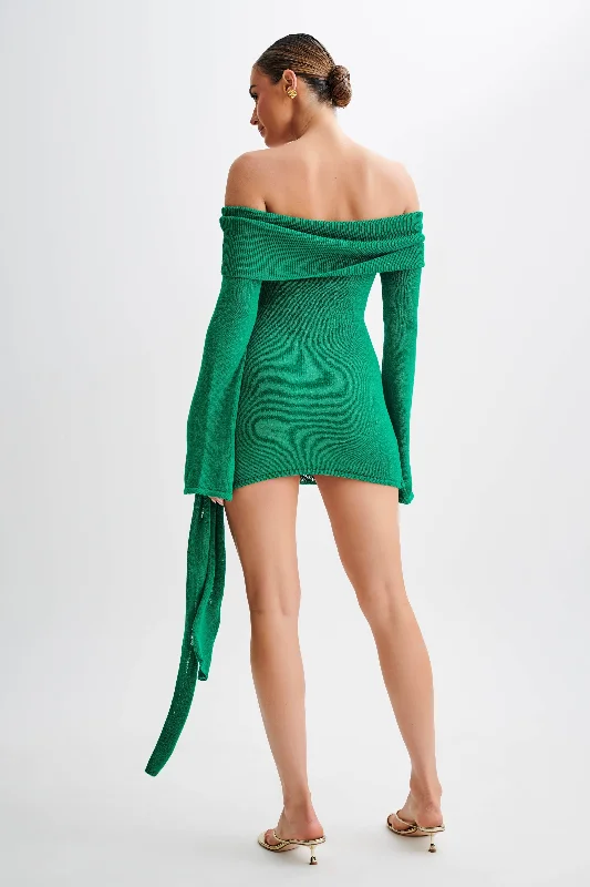 Camryn Off Shoulder Tie Knit Mini Dress - Green