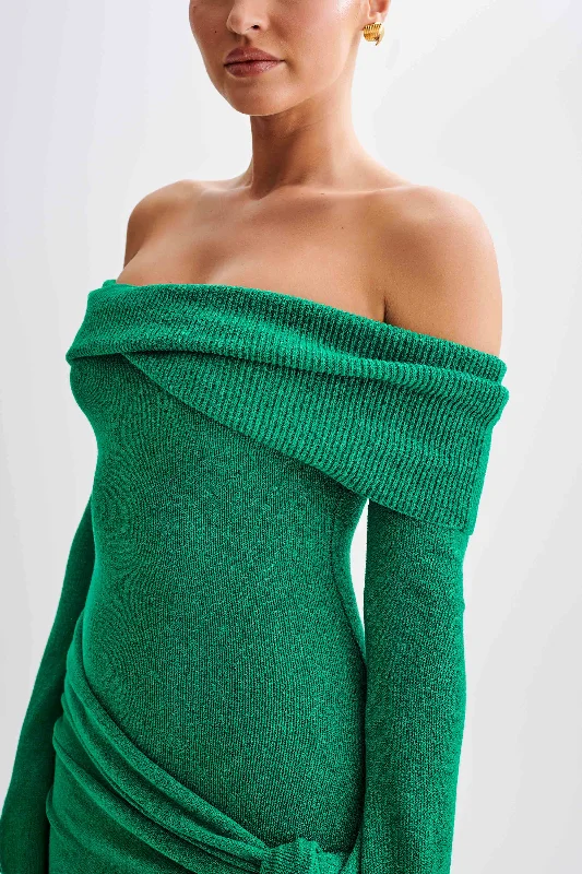 Camryn Off Shoulder Tie Knit Mini Dress - Green