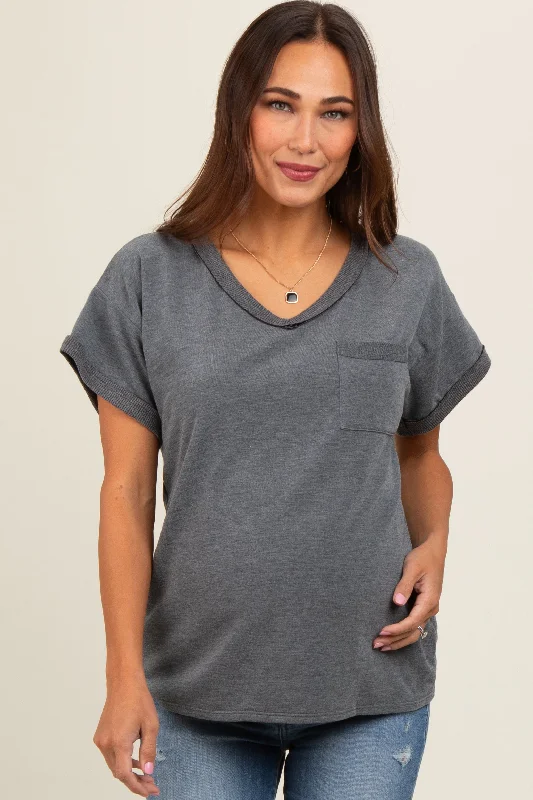 Charcoal Front Pocket Maternity Short Sleeve Top