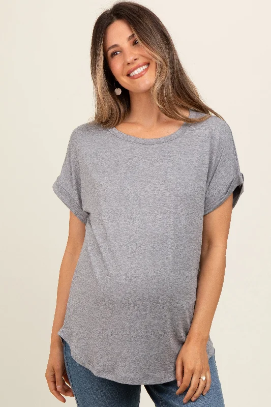 Grey Rolled Cuff Maternity Short Sleeve Top