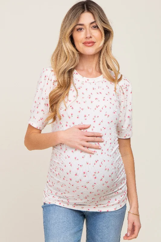 Ivory Floral Side Ruched Maternity Short Sleeve Top