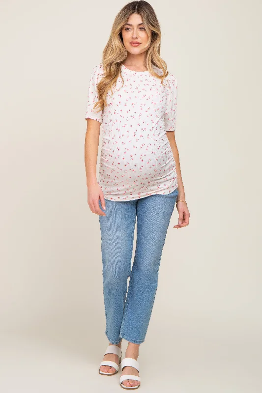 Ivory Floral Side Ruched Maternity Short Sleeve Top