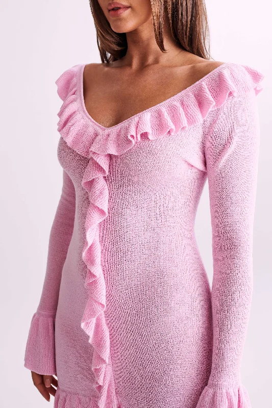 Karolina Knit Mini Dress With Frill - Blush Pink