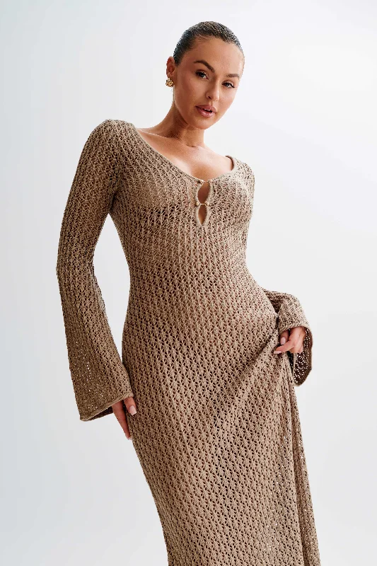 Kayleigh Crochet Fishtail Flare Sleeve Maxi Dress - Taupe