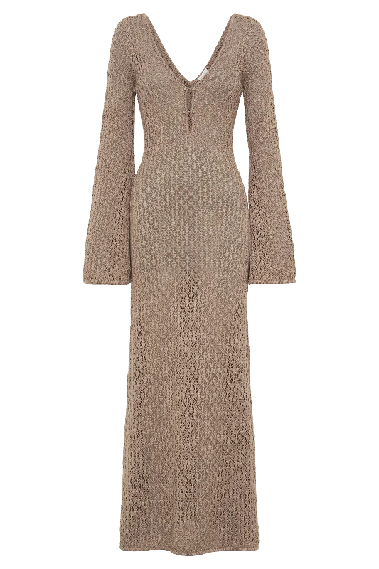 Kayleigh Crochet Fishtail Flare Sleeve Maxi Dress - Taupe