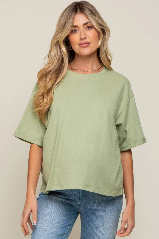 Light Green Basic Rolled Short Sleeve Maternity T-Shirt