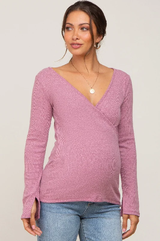 Mauve Ribbed Long Sleeve Wrap Maternity Nursing Top