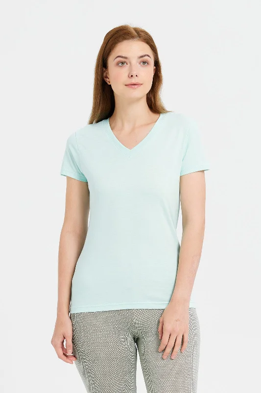 Women Mint Basic Plain V-Neck T-Shirt