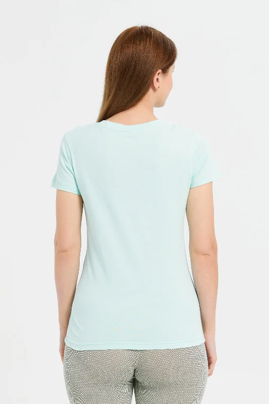 Women Mint Basic Plain V-Neck T-Shirt