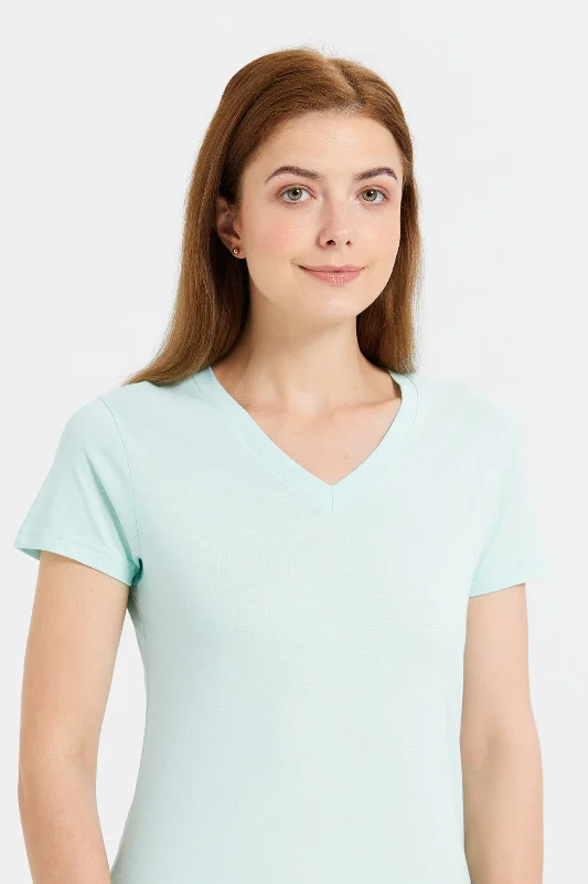 Women Mint Basic Plain V-Neck T-Shirt