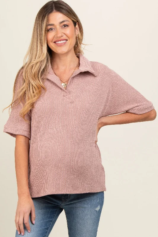 Mocha Ribbed Collared Maternity Top